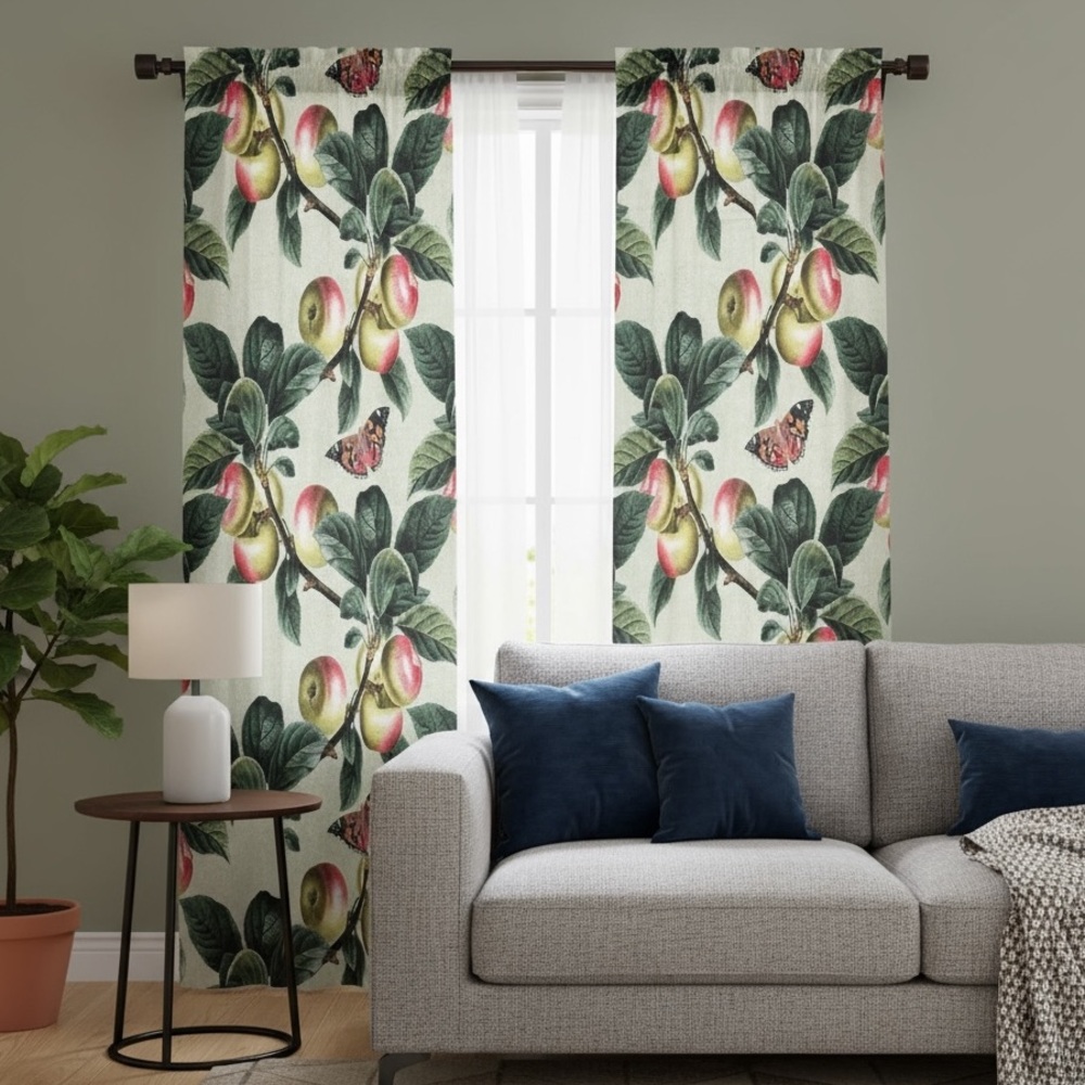 Botanical Fruit Print Curtains with Green Leaves and Pink Accents